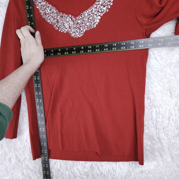 Cable & Gauge M Red Embellished Scoop Neck Stretch Top Rhinestone Holiday - Picture 4 of 6